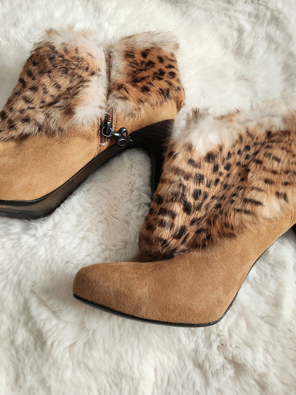 Donald J. Pliner Tan Suede Ankle Boots with Leopard Faux-Fur Trim - Picture 3 of 5